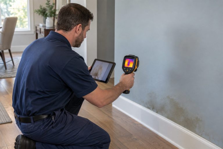 Restoration professional documenting hidden moisture with thermal imaging equipment