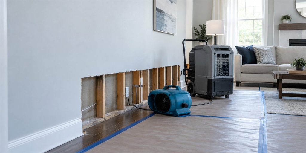 Organized residential drying setup with an air mover and commercial dehumidifier